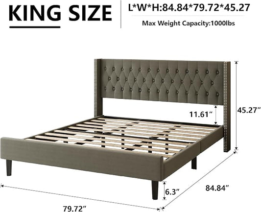 HAOARA King Size Bed Frame, Upholstered Platform Bed with Wingback Headboard, Velvet Button Tufted, Easy Assembly, No Box Spring Needed, Green