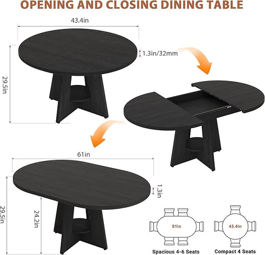 Extendable Dining Table, Round Kitchen Dining Room Dinner Table with for 4 6 8 People, Space Saving Modern Oval Expandale Furniture with Storage and Pedestal for Kitchen Living Room (Black)