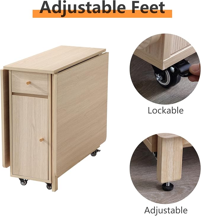 COMUHOME Extendable Drop Leaf Folding Dining Table with 2 Drawers and 4 Wheels for Living Room Kitchen Farmhouse Space Saving Table in Wood Color