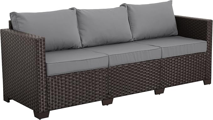 Valita Patio Furniture 3-seat Sofa Brown Wicker Outdoor Furniture Outdoor Couch Deep Seat High Backrest Waterproof Cover Anti-Slip Washable Cushions, Grey