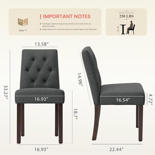 Upholstered Dining Chairs Set of 2 - Modern Parsons Kitchen & Dining Room Chair with Diamond Tufted Back, Solid Wooden Legs for Apartment, Café, Vanity