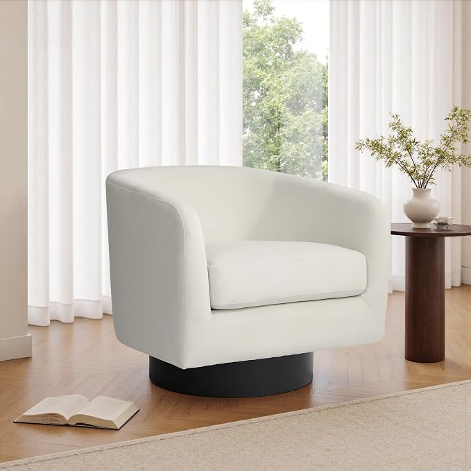 Swivel Barrel Accent Chairs Set of 2, Velvet Upholstered Armchair Modern Round Club Arm Chair for Living Room, Comfy Single Sofa Seating Bedroom Side Reading Seat for Home Office - Ivory