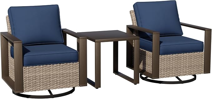 Joyside Outdoor Patio Swivel Rocker Chairs, 3 Pieces Wicker Furniture Set, 2 Swivel Rocking Chairs and 1 Table, Metal Wide Armrest, Thick Cushions and Deep Seating for Garden, Backyard, Porch, Deck