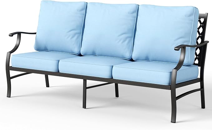MIXPATIO Patio Couch Metal 3-Seat Outdoor Sofa Deep Seating Outdoor Furniture Blue Cushion for Front Porch, Deck, Balcony, Backyard, Sunroom
