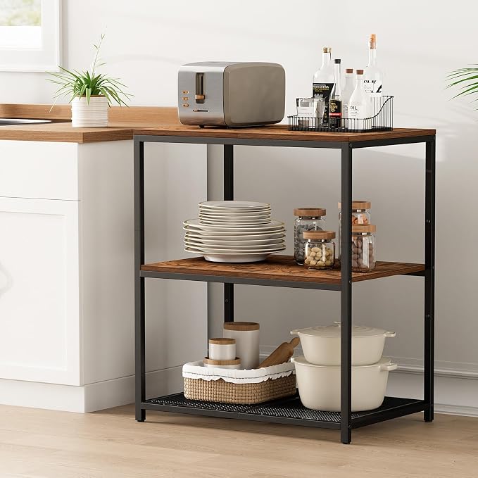 Homleke Kitchen Island with 3 Shelves, Kitchen Shelf with Large Workstation, Bakers Rack, Workbench, Metal Frame, Rustic Brown and Black