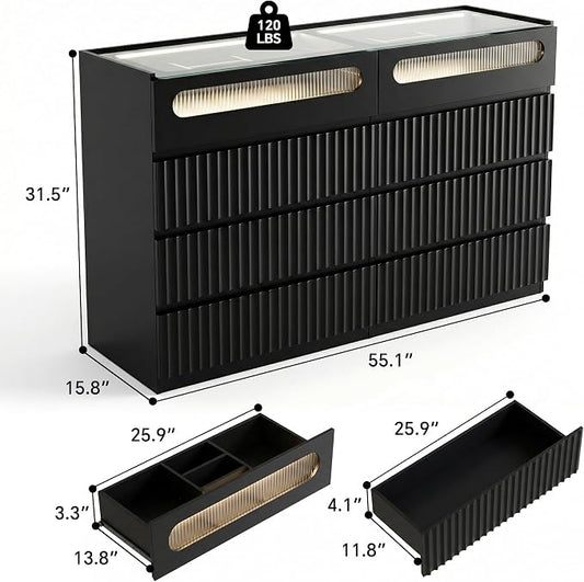 senlin Modern 16 Drawer Wardrobe Armoire with Glass Top LED Lights,Fluted Island Dresser Bedroom Closet Organizer System,Large Clothing Storage Cabinet with Jewelry Tray,Hidden Handles (Black)