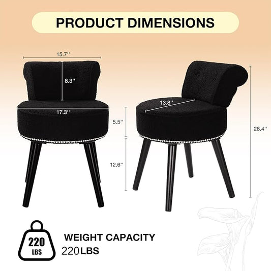Vanity Chair with Back, Sherpa Stool with Tufted Backrest & Sliver Nailhead Trim, Round Vanity Seat for Bedroom and Bathroom Makeup, Support 220lbs, Easy Assembly (Teddy Black)