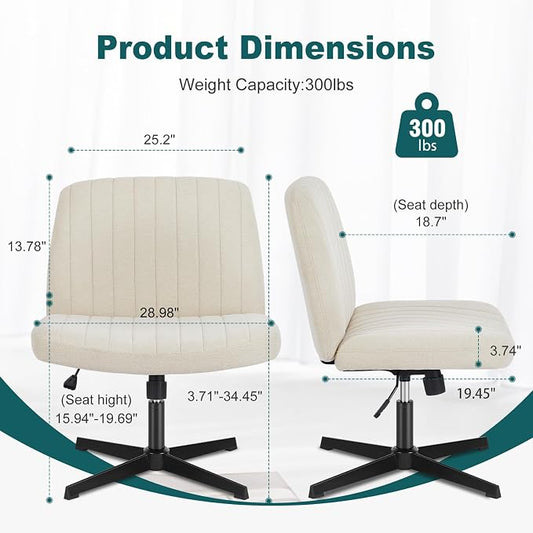 OLIXIS Criss Cross Legged Chairs Armless No Wheels Wide Seat Height Adjustable Swivel Padded Fabric Home Office Desk Chair for Bedroom, Student, Study Room,Beige