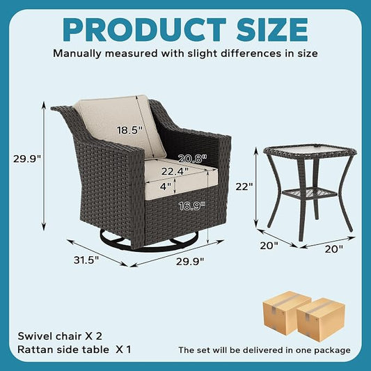 6 Pieces Patio Conversation Furniture Set - 4 Swivel Chairs, 2 Side Tables, Outdoor Wicker Furniture with Removable Cushions for Porch, Sunroom (Beige)