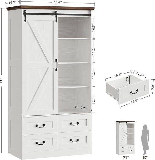 IRONCK Armoire Wardrobe Closet with 4 Drawers,71" Wardrobe Cabinet with Sliding Barn Doors, Tall Clothing Storage Cabinet with Hanging Rod and Shelves for Bedroom, White
