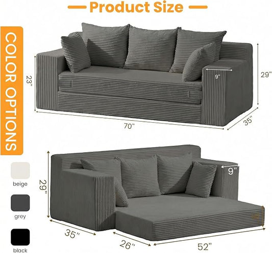 Oversized Boneless Loveseat, 3 Seater Pull Out Convertible Sofa Bed, 70" Gray Boneless Couch Fold Out Floor Couch Sleeper Sofa with 5 Pillows for Living Room Bedroom Lounge Small Space