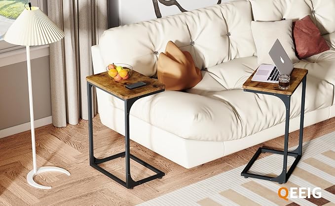 QEEIG C Shaped Side Table Set of 2 Living Room Sets Couch Tray Tables Small Farmhouse 15.7 inch Width, Rustic Brown (017-40BN)