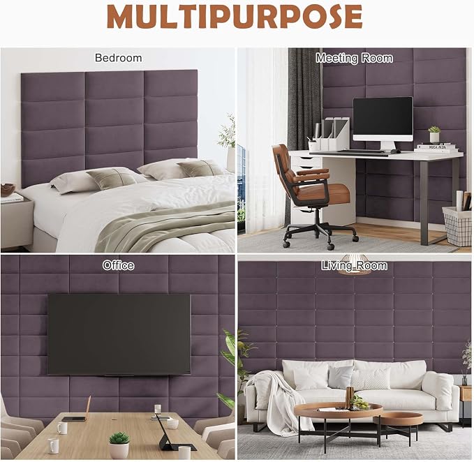IFNOW Wall Mounted Upholstered Headboard King, 3D Peel and Stick Soundproof Panels, Reusable and Removable Padded Leather Bed Headboard, 12 Panels 9.84" x 23.62", Dark Purple