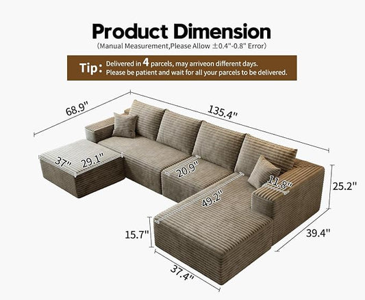 135.4" Cloud Modular Sectional Sofa with 1 Ottoman,Modern Minimalist Upholstered Couches, Comfort U Shaped Sofa for Living Room,Deep Seat Corner Couch,No Assembly Required (Camel,Right Facing Chaise)