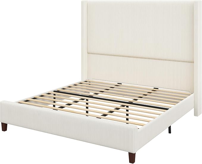 AMERLIFE King Size 62" Corduroy Upholstered Bed Frame, Luxurious Platform Bed with Extra Tall Wingback Headboard and Vertical Stripe, No Box Spring Needed/Solid Wood Slats & Legs/Cream
