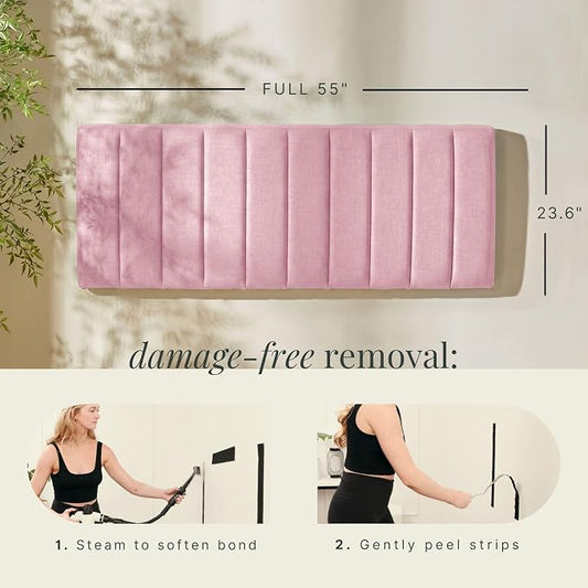 Hearth & Harbor Wall Mounted Full Headboard Only, Bed Headboard Full Size | Easy Assemble, Floating Peel and Stick, Upholstered, Channel Stitched, 3D Wall Panels, 5 Strips of 3M Tape Included, Pink