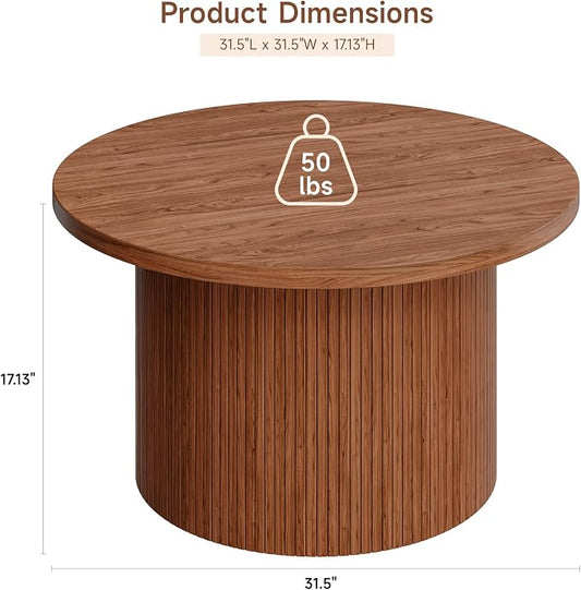 ONBRILL 31.5" Round Coffee Table, Tambour Design Coffee Tables for Living Room, Mid Century Modern Wood Coffee Table, Drum Accent Small Center Table, Walnut