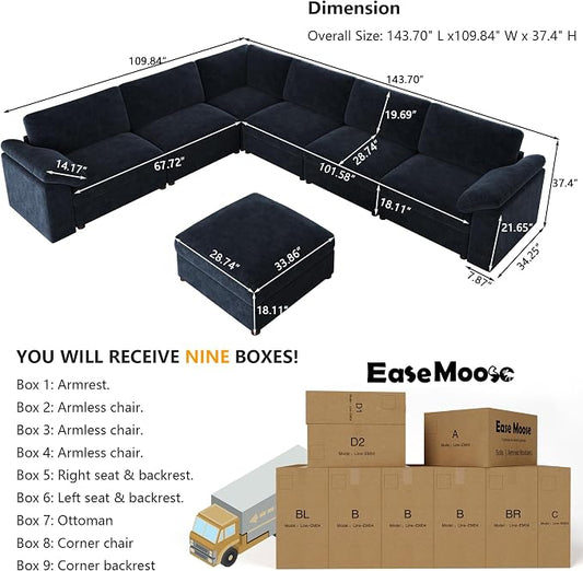 EASE MOOSE Oversized Sectional Modular Sofa,Modern Comfort L Shape Sectional Couch Wide Deep seat Couch for Living Room,Removable and Washable,Blue