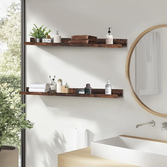Muzilife 55" Large Floating Wall Ledge Shelves with Lip - Set of 2 Rustic Wood Floating Shelves - Walnut Brown Wall Mounted Picture Ledge for Office, Bathroom, Bedroom, Living Room, Kitchen