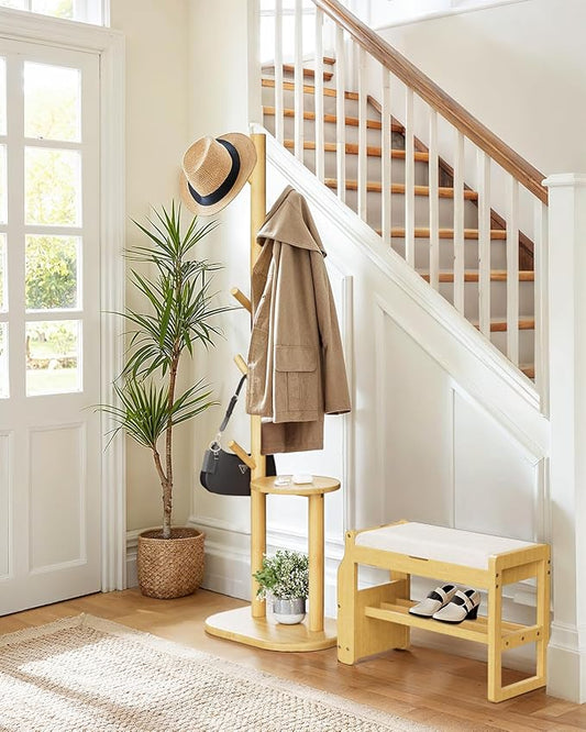 Pipishell Coat Rack, Freestanding Hall Tree with 8 Hooks & Storage Shelf, Solid Wood Base, 66.3″ Tall Coat Rack Stand for Coats, Hats, Bag in Entryway, Bedroom, Living Room, Wood, PIFCR11N