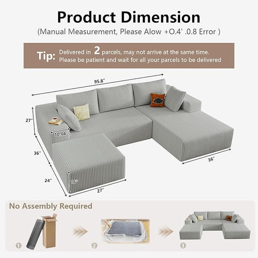 95" Cloud Sectional Couch U-Shaped Chaise with Ottoman, Corduroy Boneless Couch for Living Room Bedroom, Deep-Seat Upholstered Modular Cloud Sofa, No Assembly Required (Light Grey,Right Facing Chaise)