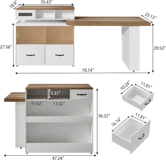 Kitchen Islands with Extendable Dining Table Rolling Islands Power Outlet Mobile Storage Islands Cart on Wheels with Drawers and 2 Side Open Shelves for Dining Room, White