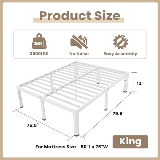 ROIL 12 Inch White King Bed Frame with Rounded Corner and Headboard Hole Mattress Retainers, 3500LBS Heavy Duty Steel Slats No Box Spring Needed Platform Noise-Free Easy Assembly