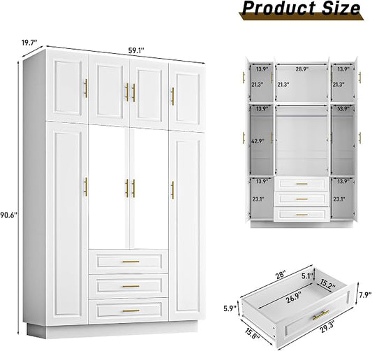 Hlivelood Large Armoire Wardrobe Closet Cabinet with Drawers and LED Lights, Multi-Tier Shelves, Hanging Rod, Large Capacity Storage 4 Door Wardrobe Armoire with Top Cabinet for Bedroom, White