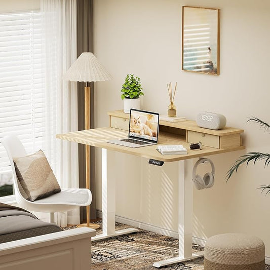 Veken 47x28 in Electric Standing Desk with Drawers, Adjustable Table, Wood | Stand up Computer Desk for Home Office, Work & Study, with Storage, 3 Memory Presets, Cable Organizer, Hook, and Quiet Lift.