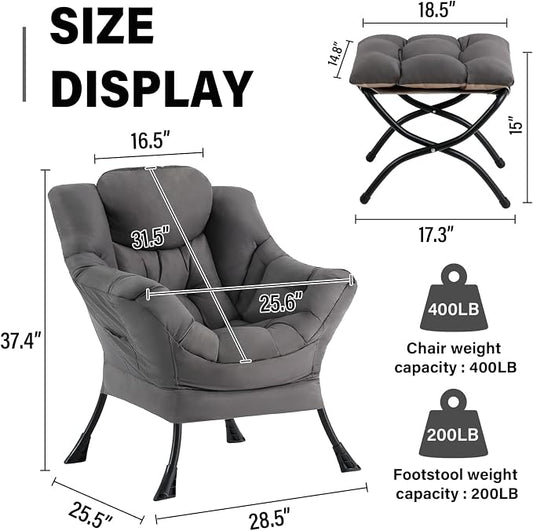 Lazy Chair with Ottoman, Modern Accent Chair Contemporary Sofa Chair with Armrests, Reading Chair and Folding Footstool Set for Living Room, Bedroom, Office, Dark Grey
