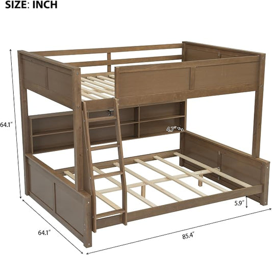 RUNNA Full XL Over Queen Bunk Bed with Storage,USB,Wood | Full XL over queen bunk bed with storage cabinets, USB, solid pine wood, guardrails, no box spring needed, natural wood