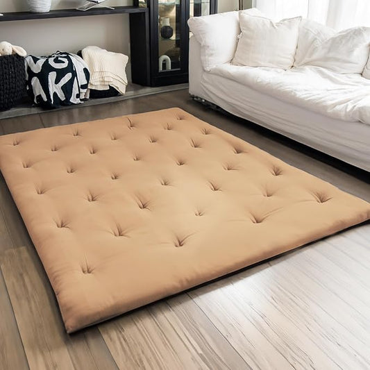 ZonLi Japanese Floor Futon Mattress Queen Size 80"x 60", 100% Cotton Cover 2.5'' Thicken Tatami Mattress, Foldable Sleeping Pad, Portable Dormitory Tatami Mat(Khaki)