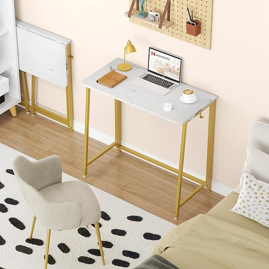 WOHOMO White Faux Marble Folding Desk, 31.5" Small Desk for Small Spaces with Gold Legs, Easy Assemble Foldable Computer Desk, Mini Portable Working Table for Home Office, White and Gold