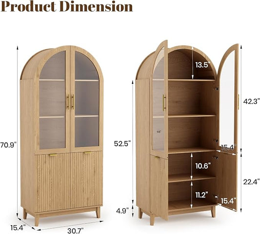Pamapic 71" Tall Arched Cabinet, Fluted Kitchen Pantry with Glass Doors & Adjustable Shelves, Arch Storage Cabinet, Wooden Pantry for Dining Room, Living Room (Natural)