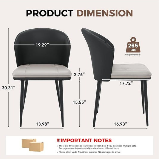 Faux Leather Dining Chairs Set of 6, Curved Back Upholstered Accent Chair, Modern Kitchen Side Chair with Metal Legs for Dining Room, Living Room, Bedroom, Black