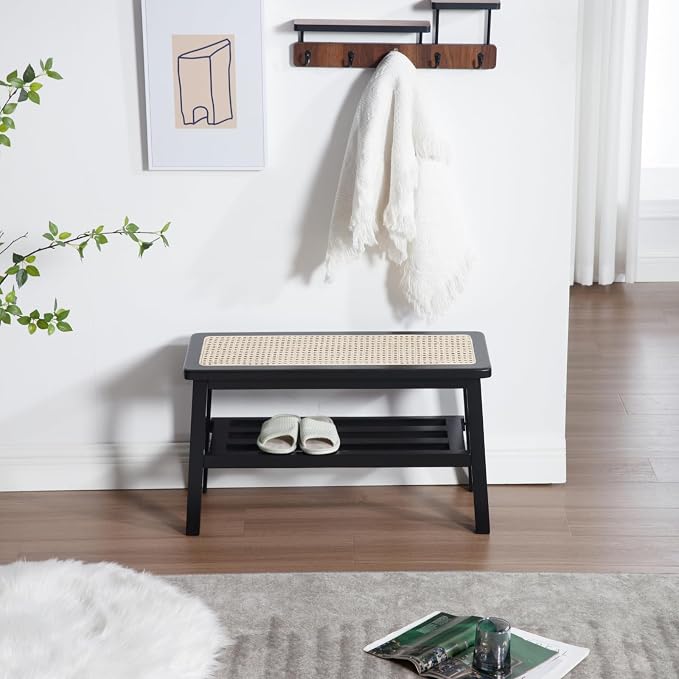 ROCITY Black Rattan Entryway Bench Wood Bench with Shoe Rack 30 Inch Small Bench Seat Storage Indoor Wooden Dining Bench Farmhouse Vintage Rustic Accent Bench for Porch/Dining Room/Living Room