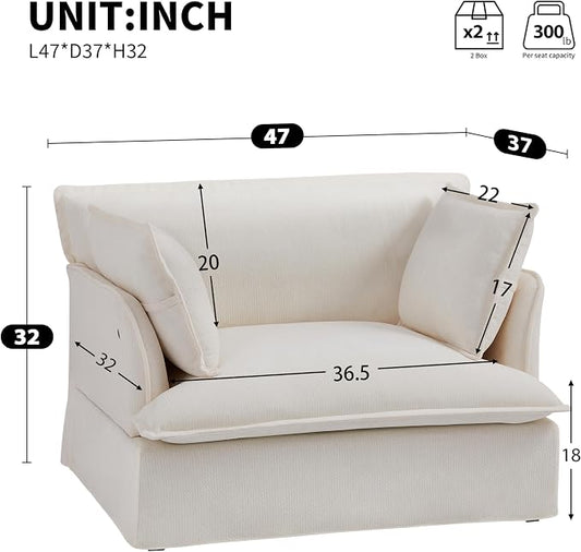 ERYE 47" Chenille Upholstered Accent Chair Wide Seat Armchair for Living Room Bedroom, Modern Upholstered Armchair W/ 2 Pillows and USB-C Ports for Home Apartment Office