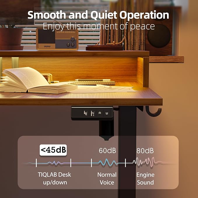 TIQLAB 63'' L-Shaped Standing Desk with LED Light Strip and Power Outlet, Height Adjustable Corner Table with Ergonomic Monitor Stand, Black Walnut
