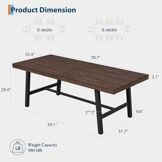 GarveeHome Industrial Dining Table for 6-8 People, 78.7" Long Kitchen Table with Sturdy Metal Frame, Rectangular Counter for Dinner, Kitchen, Dining Room (Rustic Birch, 79" Non-extendable)
