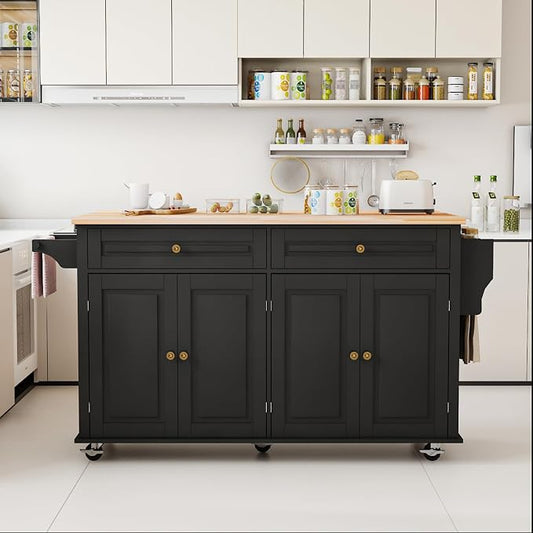 67 Kitchen Island Cart with Drop Leaf Breakfast Bar, Rolling Mobile Kitchen Island Table on Wheels with Storage Cabinet, Drawer, Spice/Towel Rack, Black