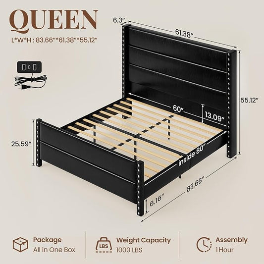 Queen Bed Frame with Storage Shelf & Charging Station, 55" Tall Headboard & 25.6" Footboard, Faux Leather Upholstered Platform Bed with Big Rivets Wingback, Heavy Duty & Noise-Free, Black