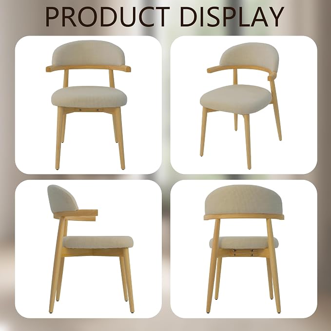 MOJAY Dining Chairs Set of 4 Natural Oak, Linen Beige with Curved Armrests