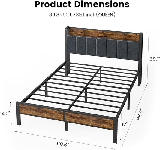 ALBERTO Queen Size Bed Frame with LED Lights, Upholstered Headboard with Storage and Charging Station, Metal Platform with Slats, No Box Spring Needed, Easy Assembly