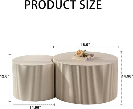 Round Wood Coffee Table Set od 2 for Small Space, Morden End Table, Fluted Side Table, Circle Wooden Center Table for Living Room, Fully Assembled