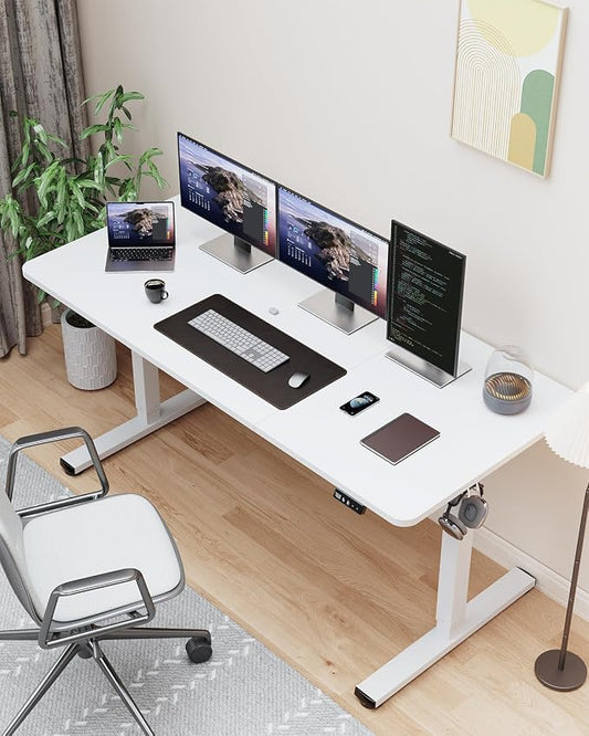 55" Electric Standing Desk Adjustable Height, Sit Stand up Desk for Home Office & Computer Workstation, 2 Memory Height Settings, Splice Board, 2 Hooks, White Frame/White Top