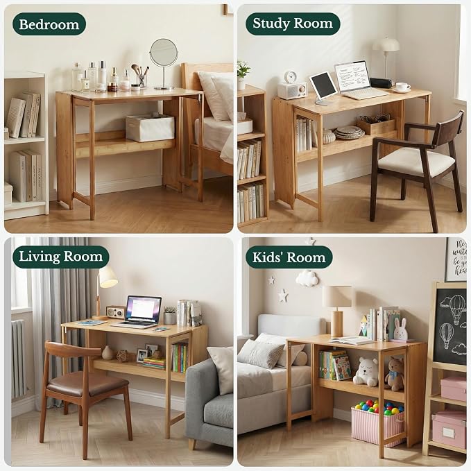 41'' Bamboo Folding Desk with Bookshelf, Space-Saving Computer Desk, Mid Century Modern Foldable Study Table for Home Office, Bedroom, Small Spaces - Primary Color