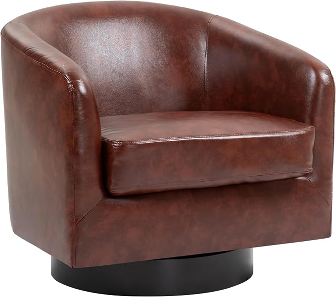 360° Swivel Barrel Accent Chair Armchair, PU Leather Round Club Arm Chair for Lving Room, Modern Upholstered Small Bedroom Single Sofa Seat - Red Brown, Set of 2