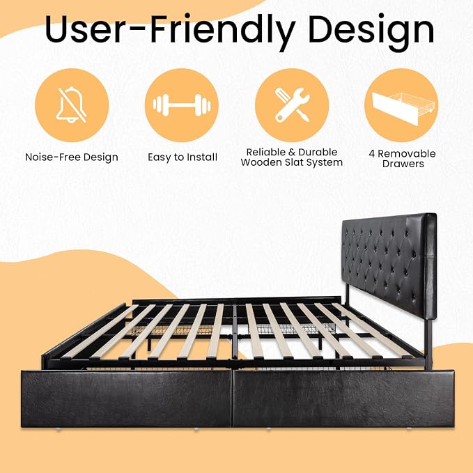 SHA CERLIN Upholstered King Platform Storage Bed Frame with 4 Drawers, Adjustable Headboard with Faux Leather Diamond Button Tufted Design, Wooden Slat Support, No Box Spring Needed, Black