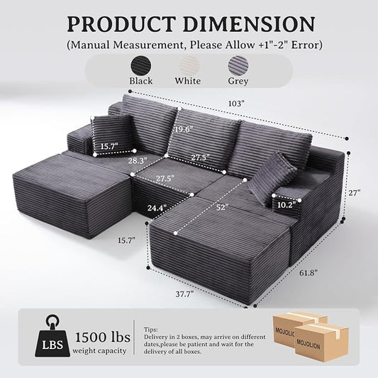 103" Modular Sectional Sofa, Comfort U Shaped Boneless Couch for Living Room, Extra Deep Seats No Assembly, Corduroy (Grey, 3 Seater + 2 Ottomans
