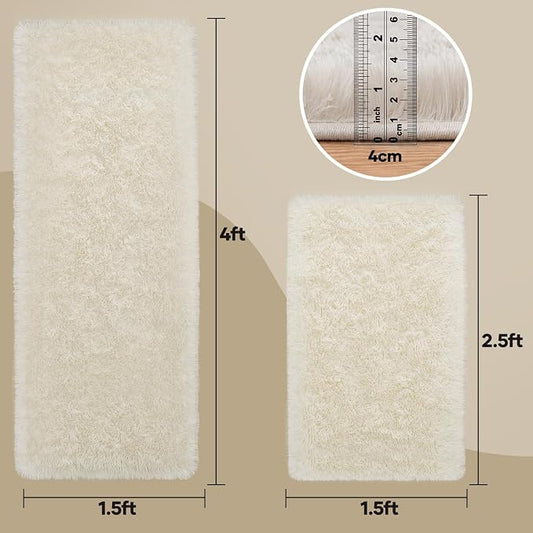 Ophanie Small Rug Washable Non Slip Throw Bedside Area Rugs, Fluffy Soft Mini Bedroom Carpet, 1.5x2.5 and 1.5x4 Rug Set, 2 Piece Ivory